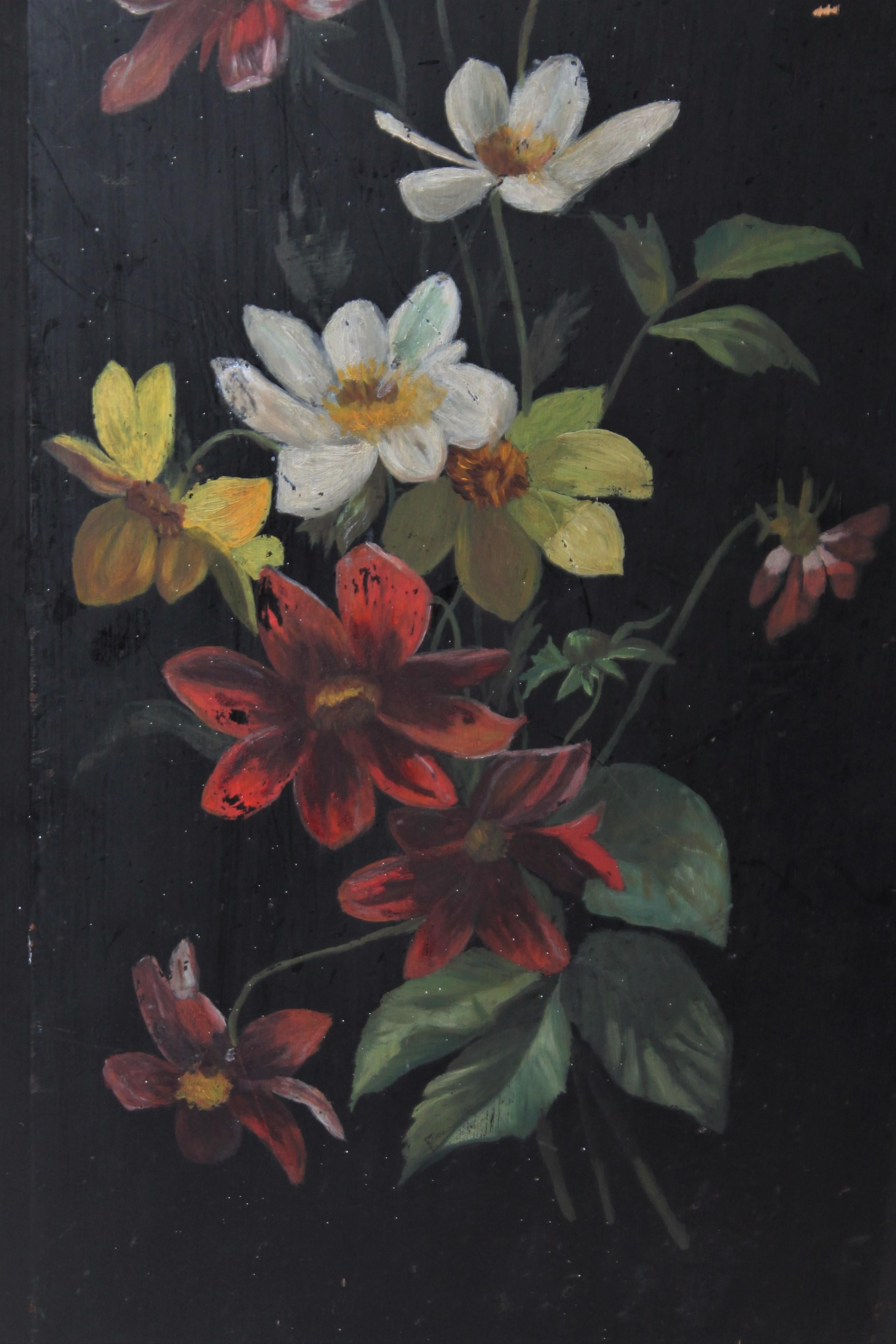 19th century hand painted on board with floral design. Great wear consent of age and use.