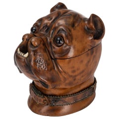 Antique 19thC Victorian Lignum Vitae Bulldog Inkwell, c.1860