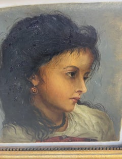 Cuadro al óleo victoriano de niña del siglo XIX con marco dorado