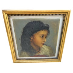 Cuadro al óleo victoriano de niña del siglo XIX con marco dorado