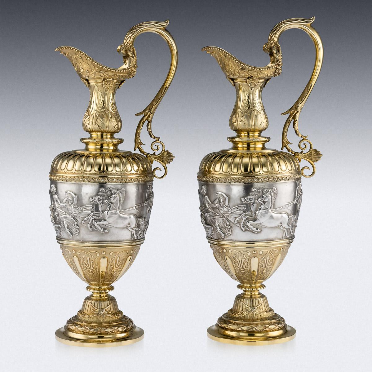 English Victorian Silver-Gilt Pair of Wine Ewers by Elkington & Co, circa 1878