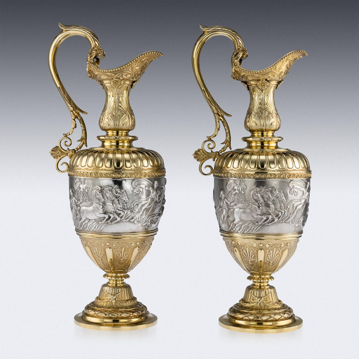 19th Century Victorian Silver-Gilt Pair of Wine Ewers by Elkington & Co, circa 1878