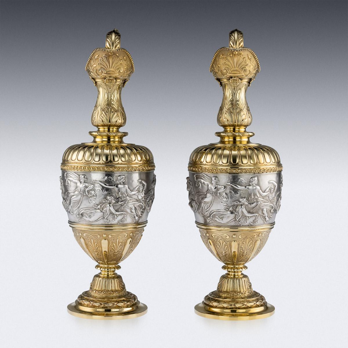 Sterling Silver Victorian Silver-Gilt Pair of Wine Ewers by Elkington & Co, circa 1878