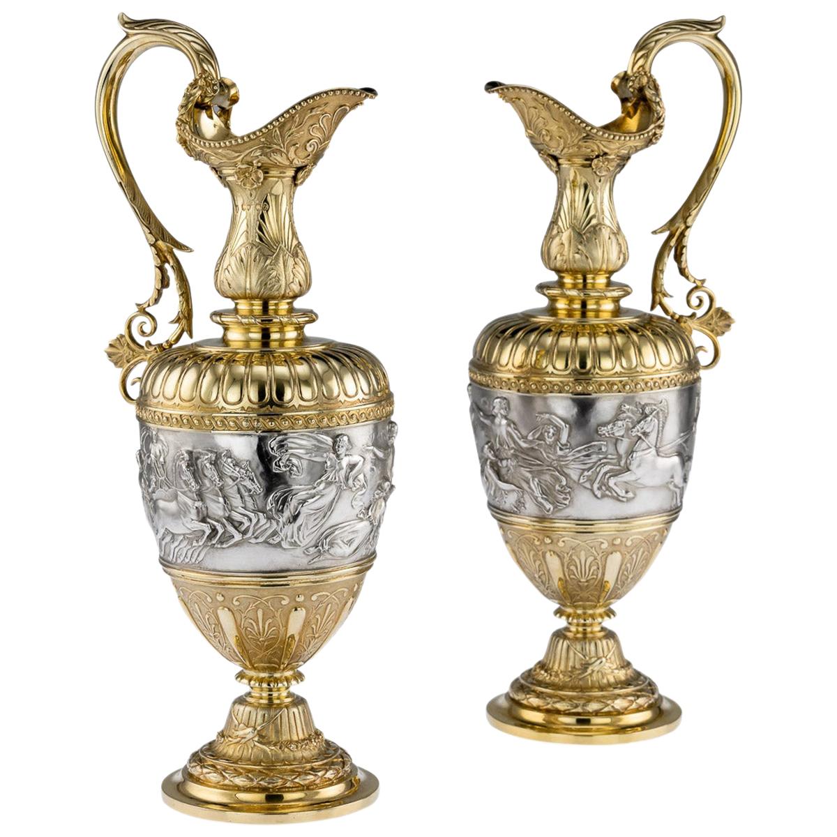 Victorian Silver-Gilt Pair of Wine Ewers by Elkington & Co, circa 1878