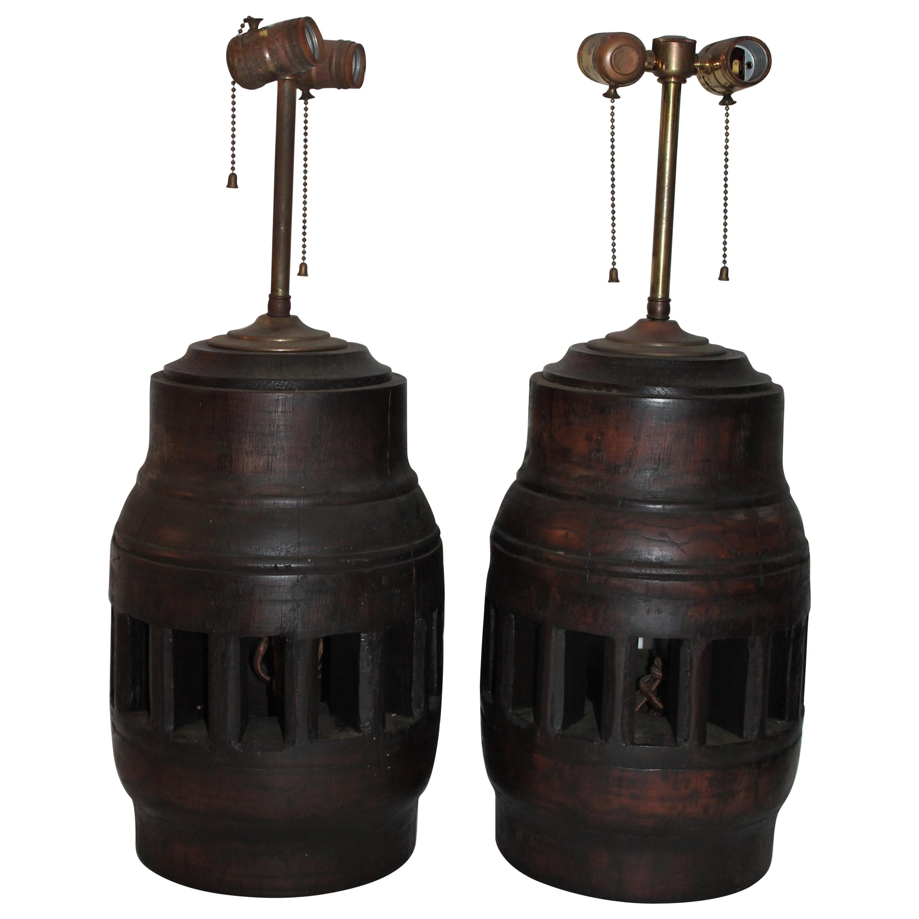 19th Century Wagon Wheel Hub Lamps, Pair
