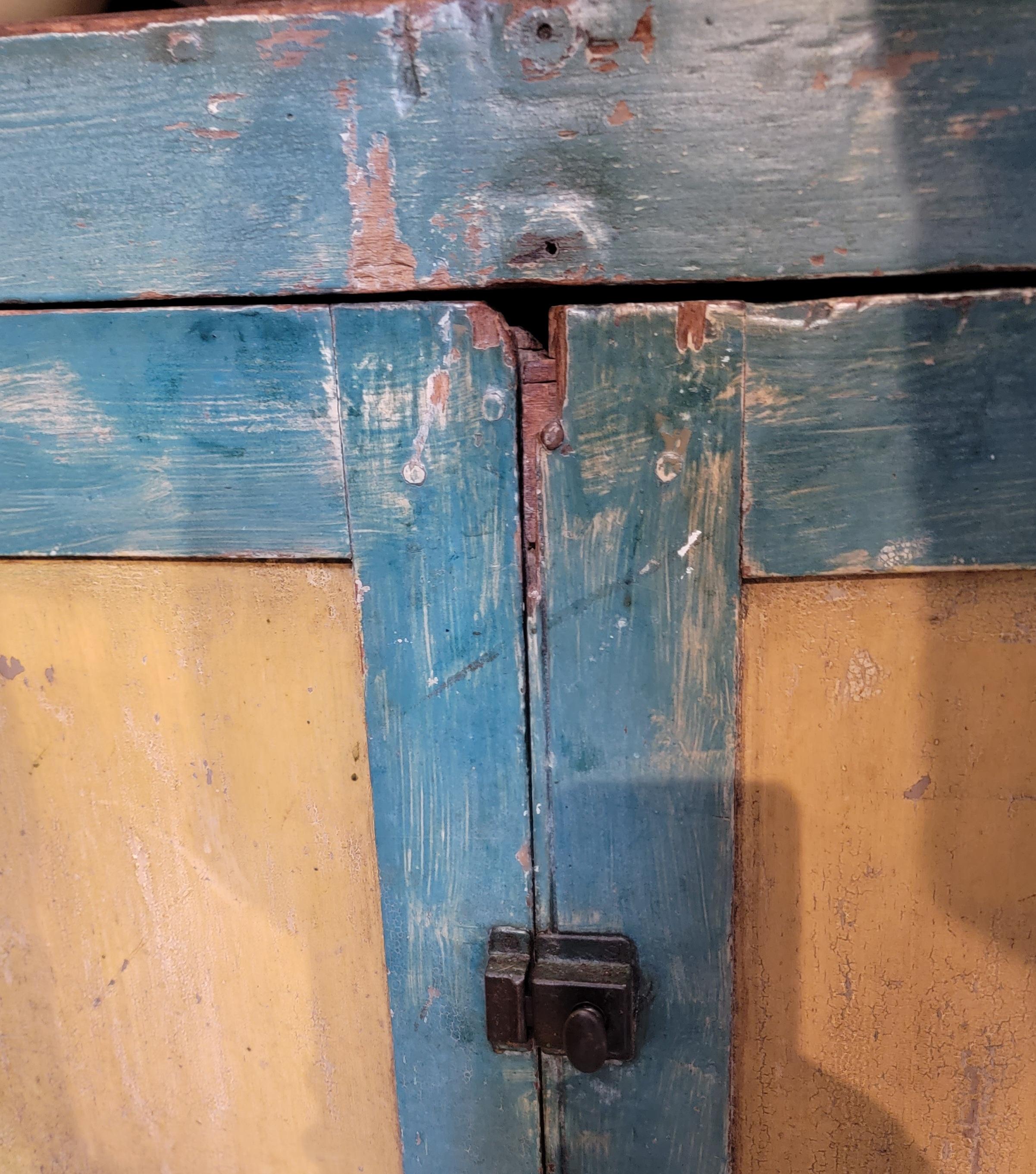19Thc Wall Cupboard in Original Blue & Mustard Paint For Sale 2