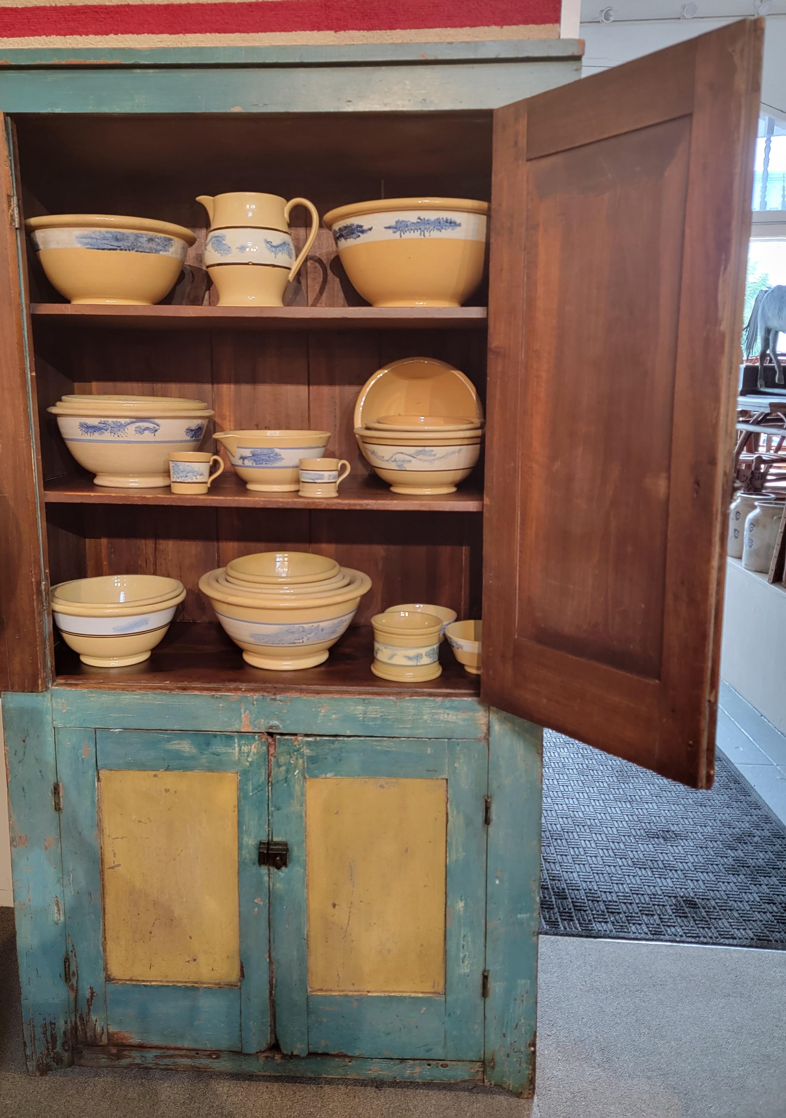 Adirondack 19Thc Wall Cupboard in Original Blue & Mustard Paint For Sale