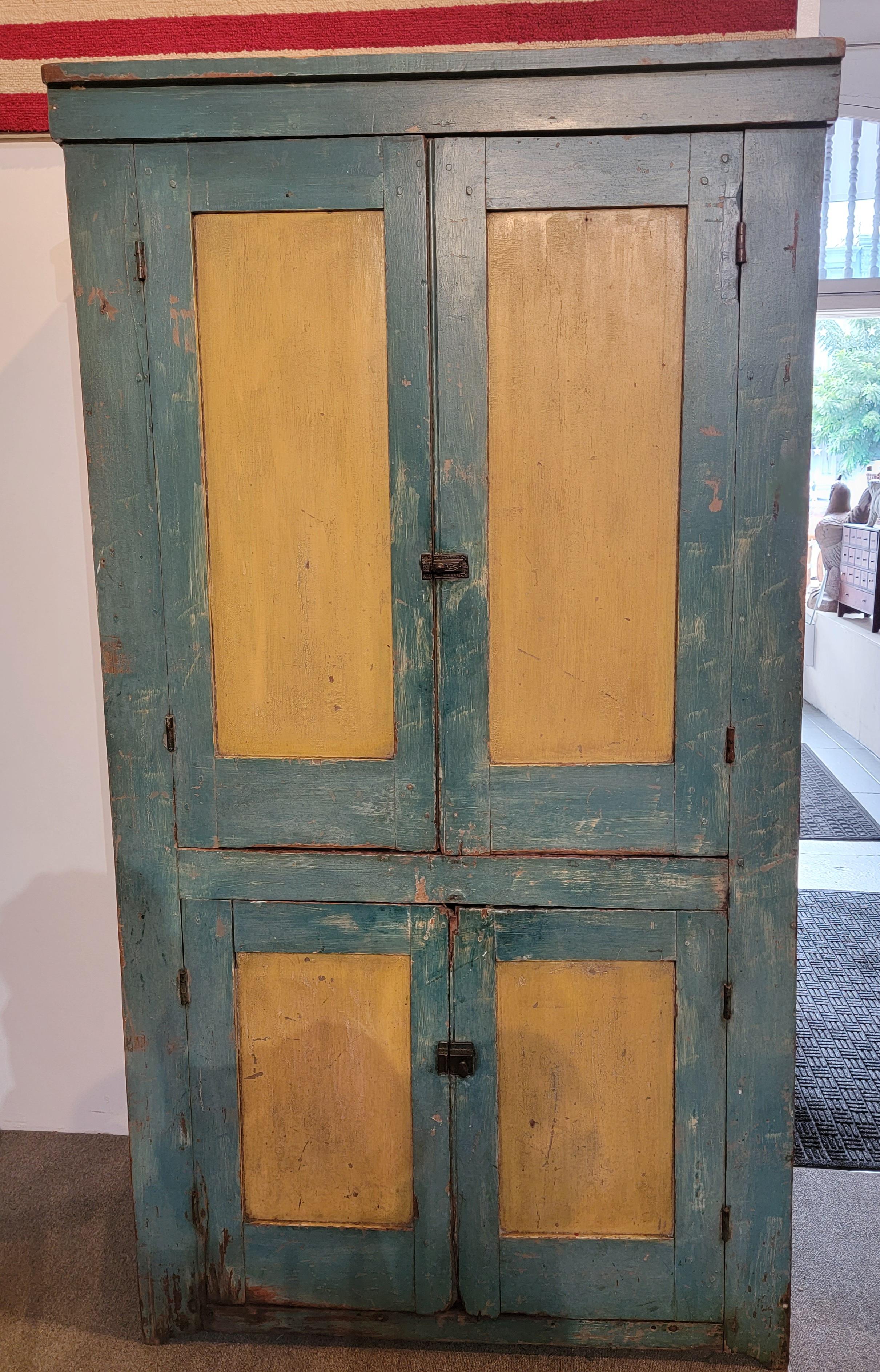 American 19Thc Wall Cupboard in Original Blue & Mustard Paint For Sale
