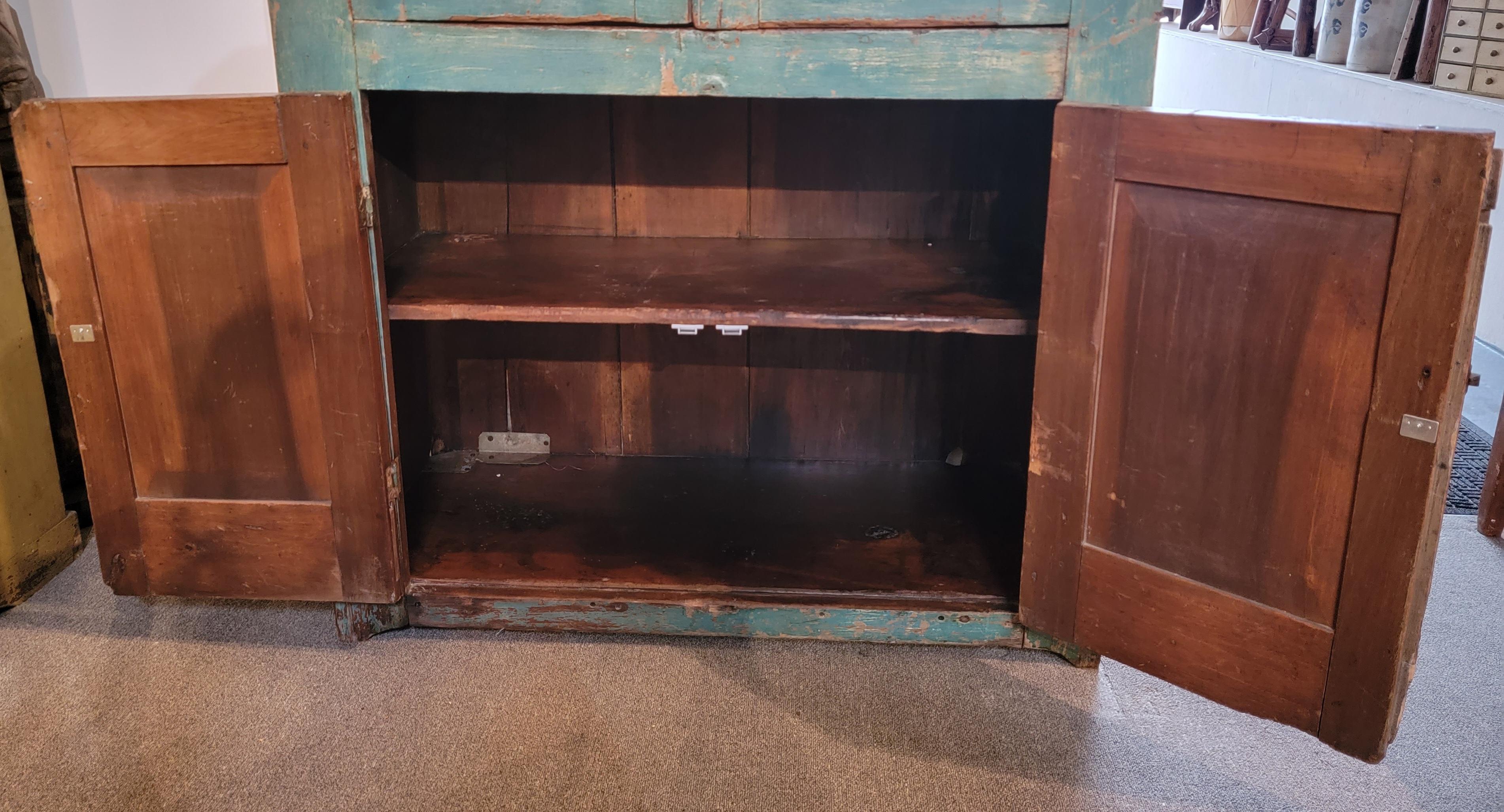 19Thc Wall Cupboard in Original Blue & Mustard Paint In Good Condition For Sale In Los Angeles, CA
