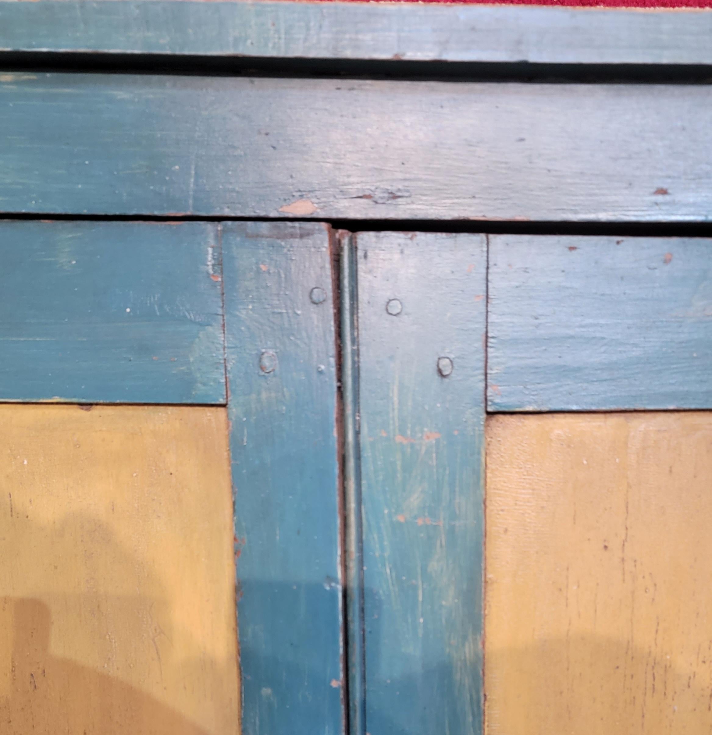 Late 19th Century 19Thc Wall Cupboard in Original Blue & Mustard Paint For Sale