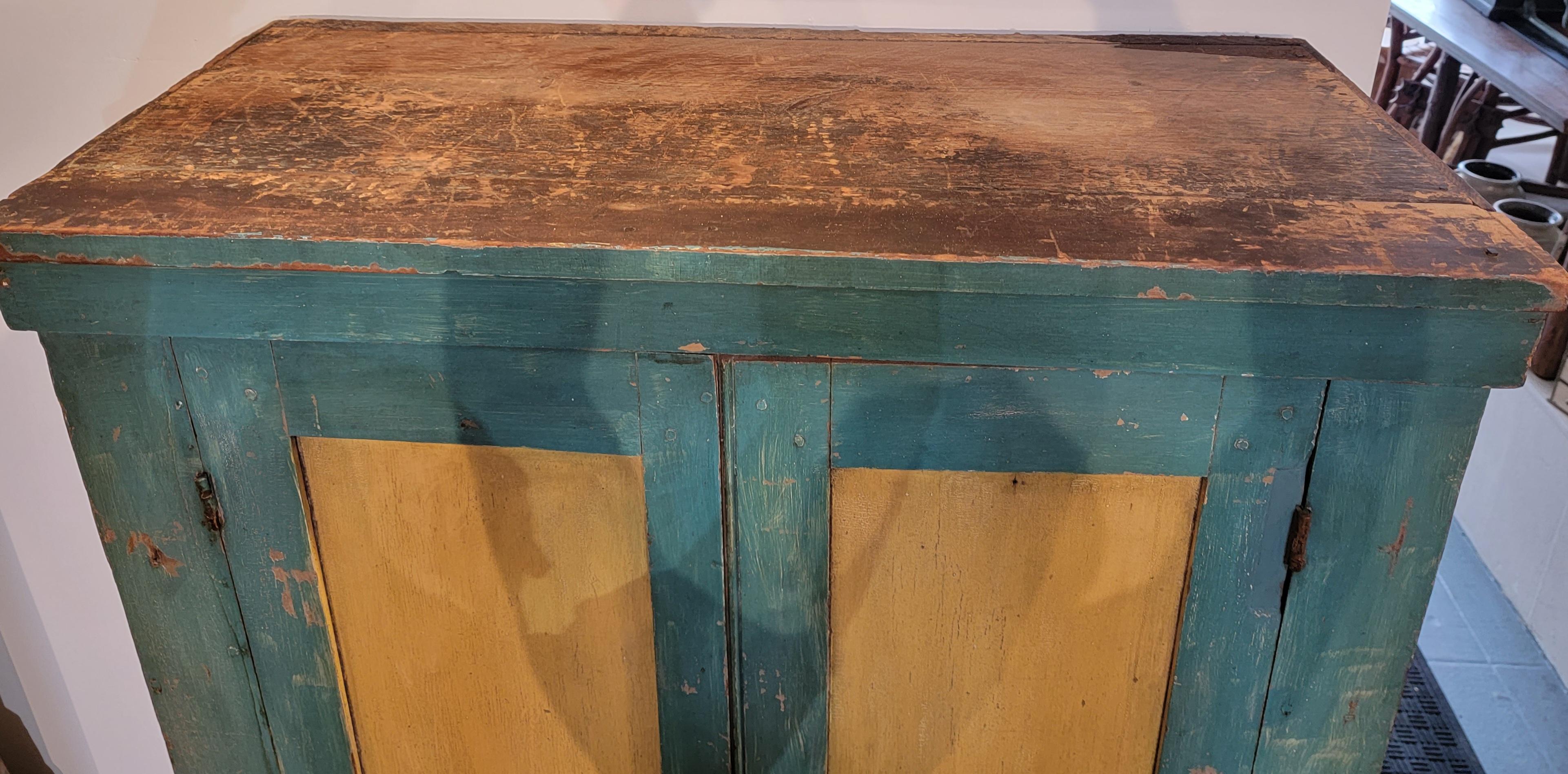 Pine 19Thc Wall Cupboard in Original Blue & Mustard Paint For Sale