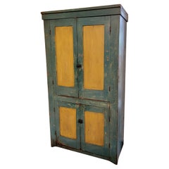 Armoire murale du 19ème siècle avec peinture originale bleue et moutarde