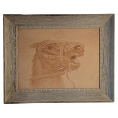 19Thc – Aquarellbild mit Pferdemotiv auf Leinen