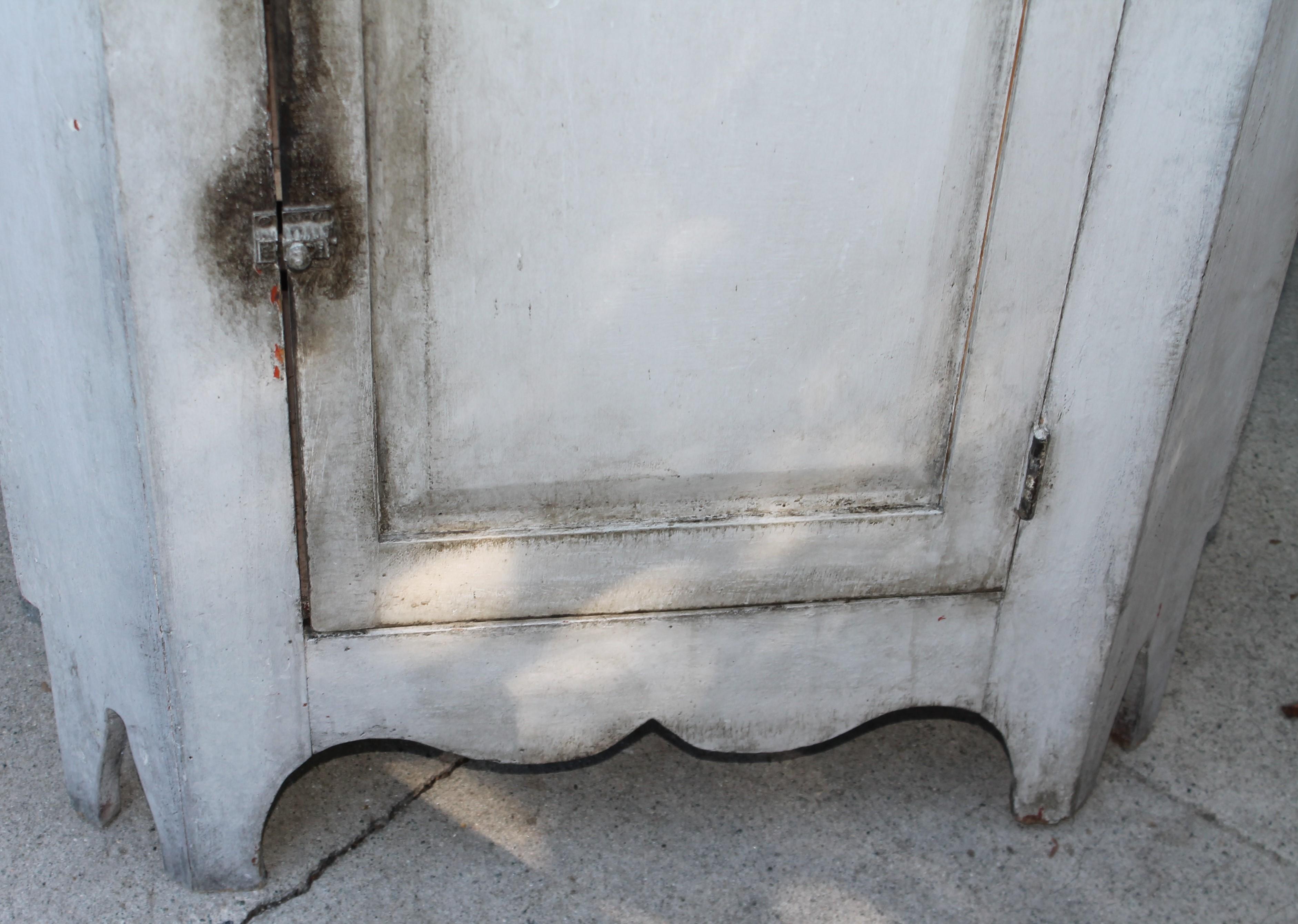 Hand-Painted 19thc White Painted Three Door Corner Cupboard For Sale