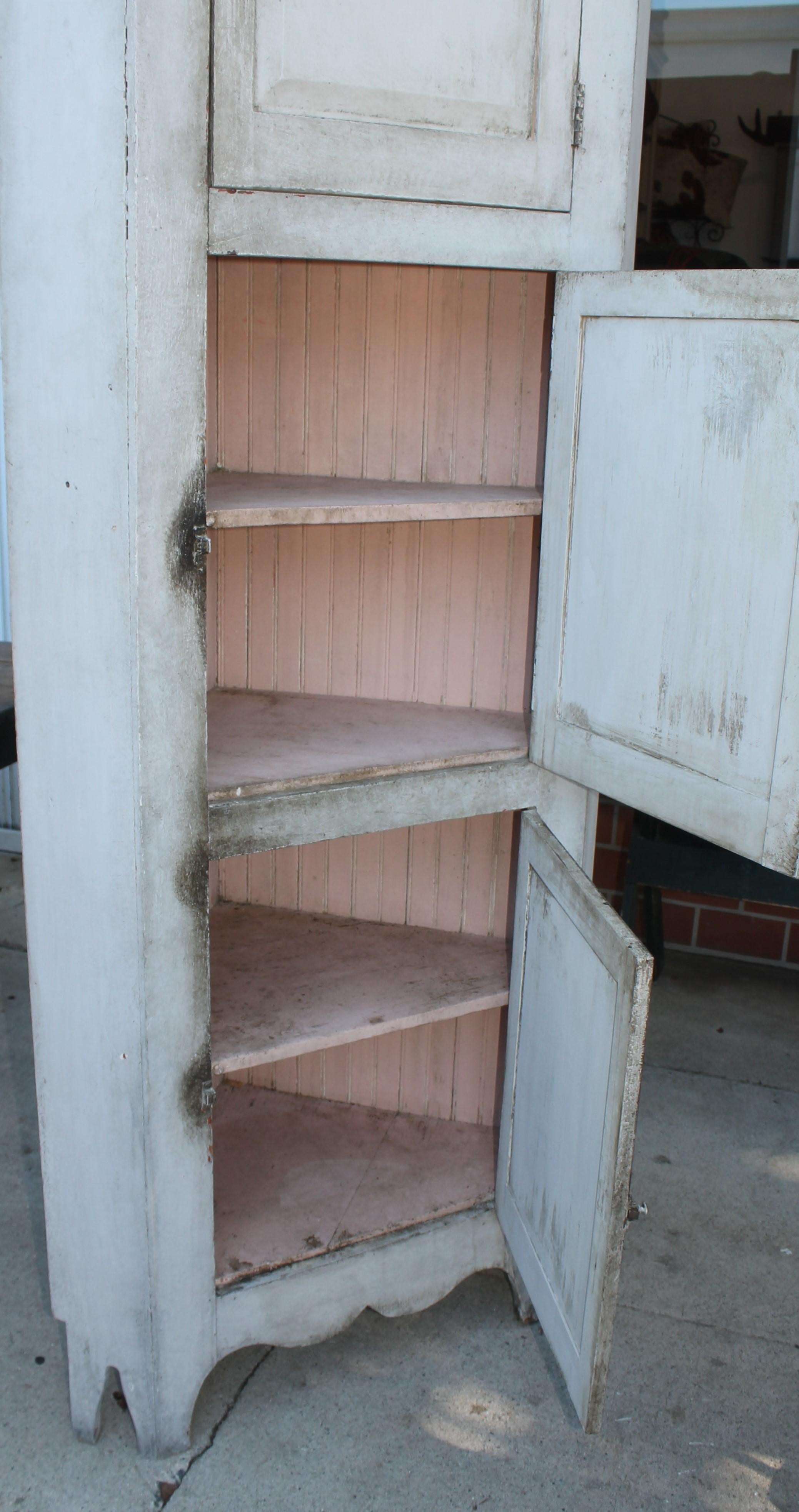 19thc White Painted Three Door Corner Cupboard For Sale at 1stDibs