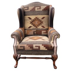 19thc Wing Back Chairs Re-Upholstered W/Mexican Indian Weaving