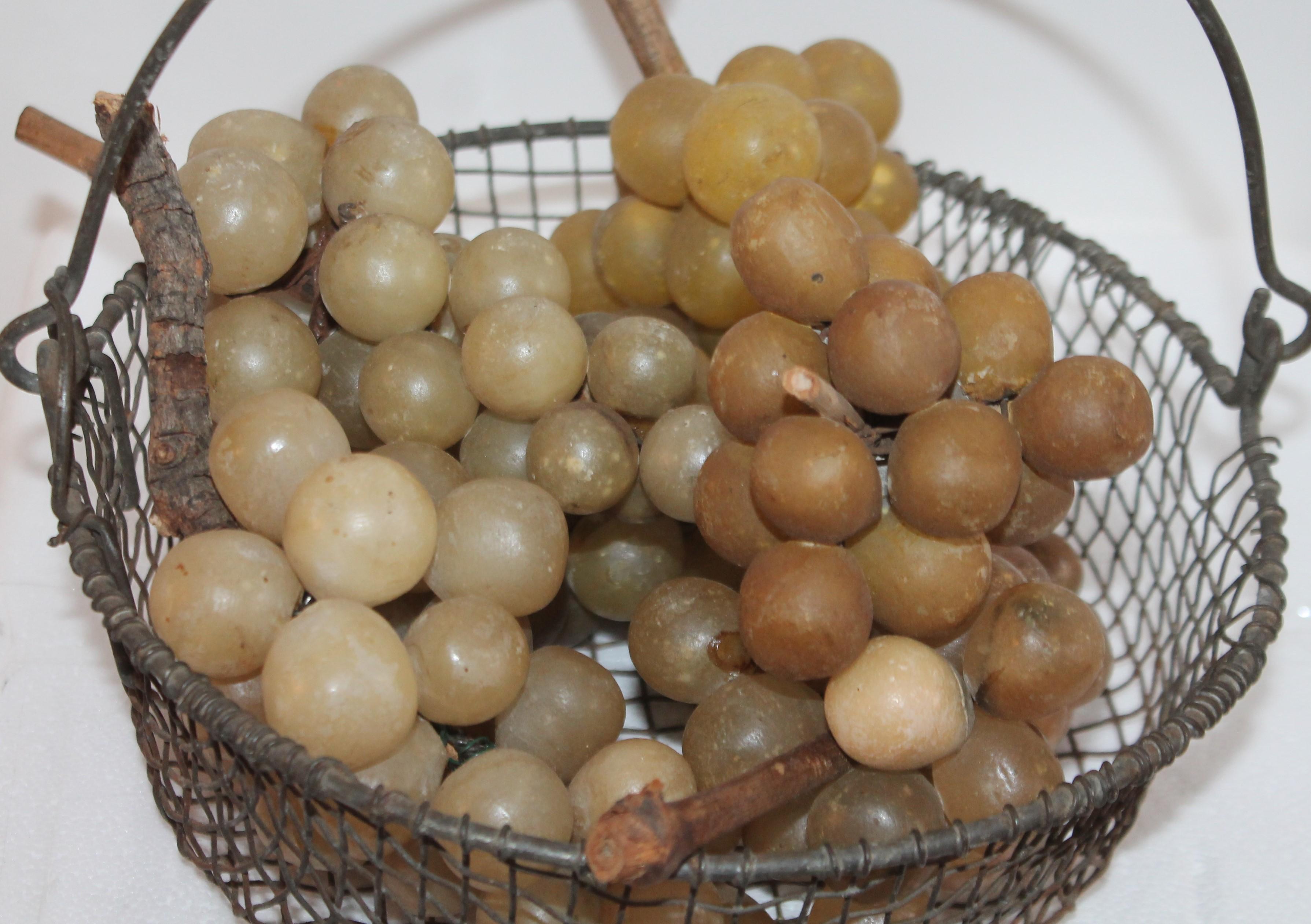 American 19th Century Wire Basket with Collection of Alabaster Grapes For Sale