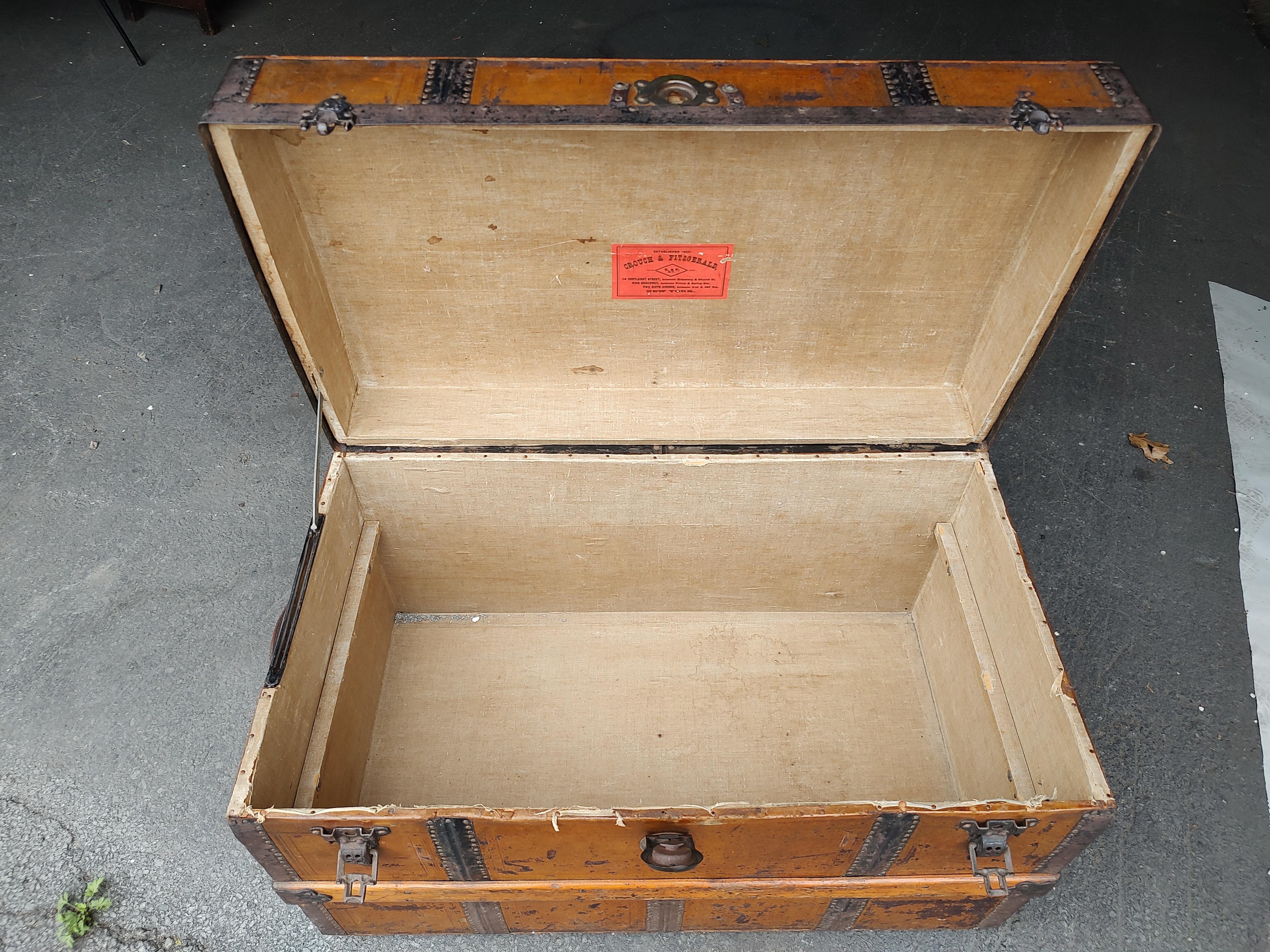 Cast 19thC Wooden Travel Trunk Storage & Cocktail Table Crouch & Fitzgerald New York For Sale