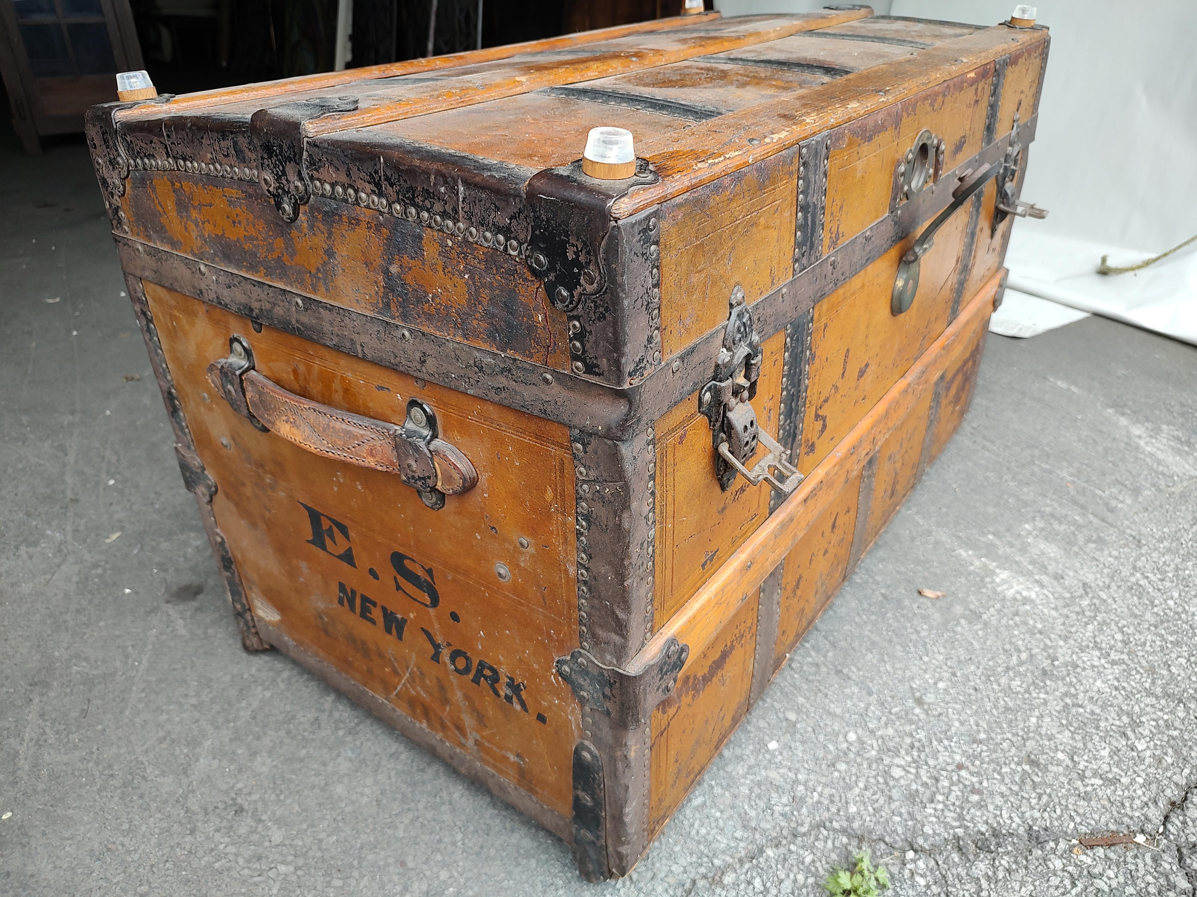 19thC Wooden Travel Trunk Storage & Cocktail Table Crouch & Fitzgerald New York For Sale 1
