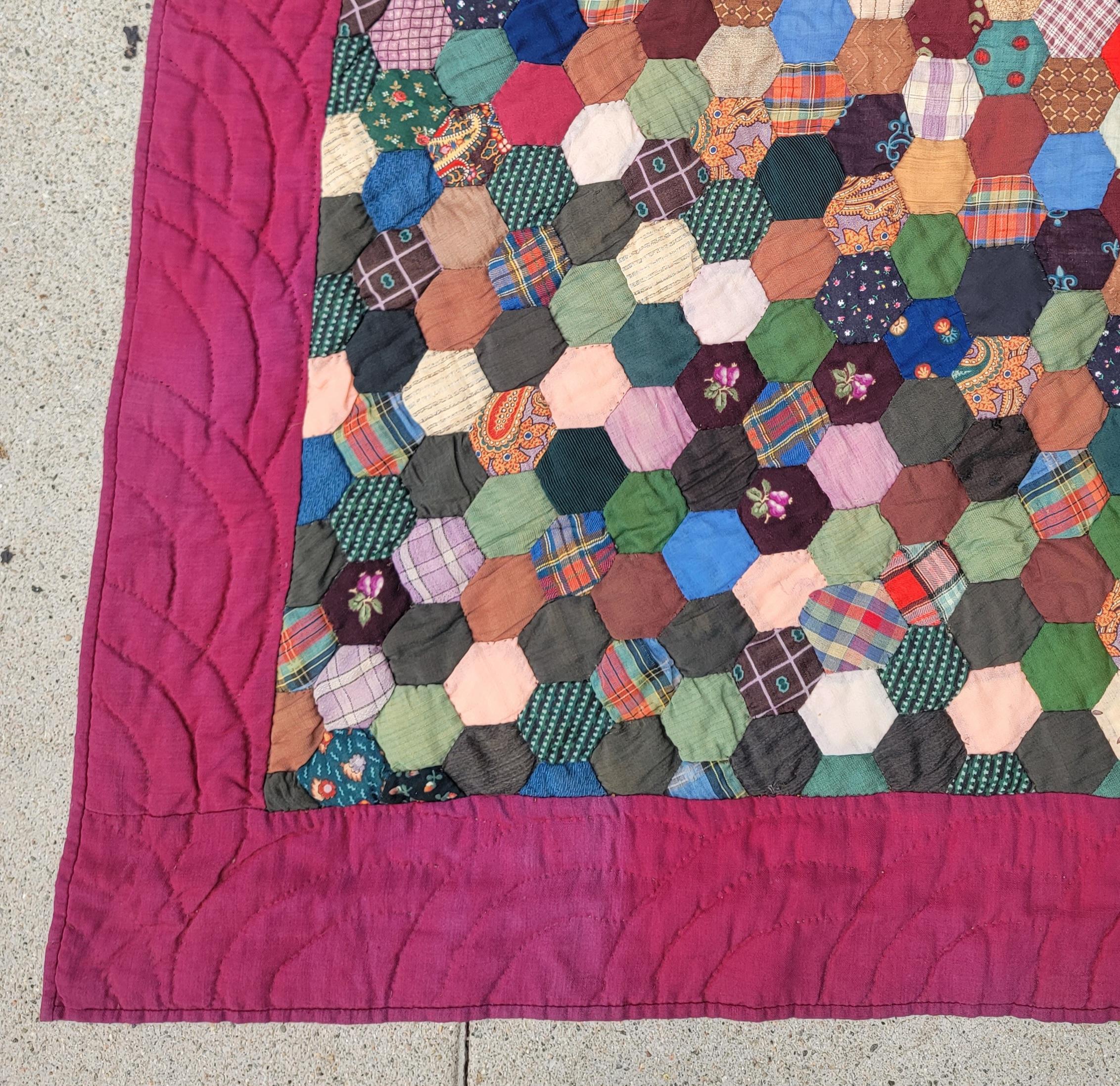 19th C Wool challis New England honey comb mini pieced quilt in pristine condition.Fantastic piecing and workmanship.