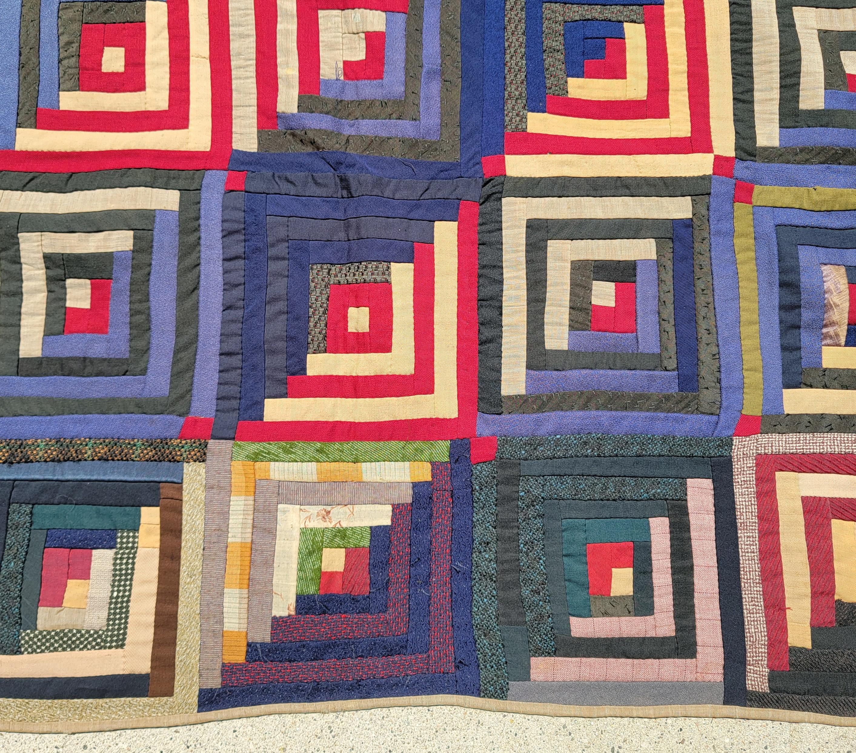 American 19thc Wool Log Cabin Quilt For Sale