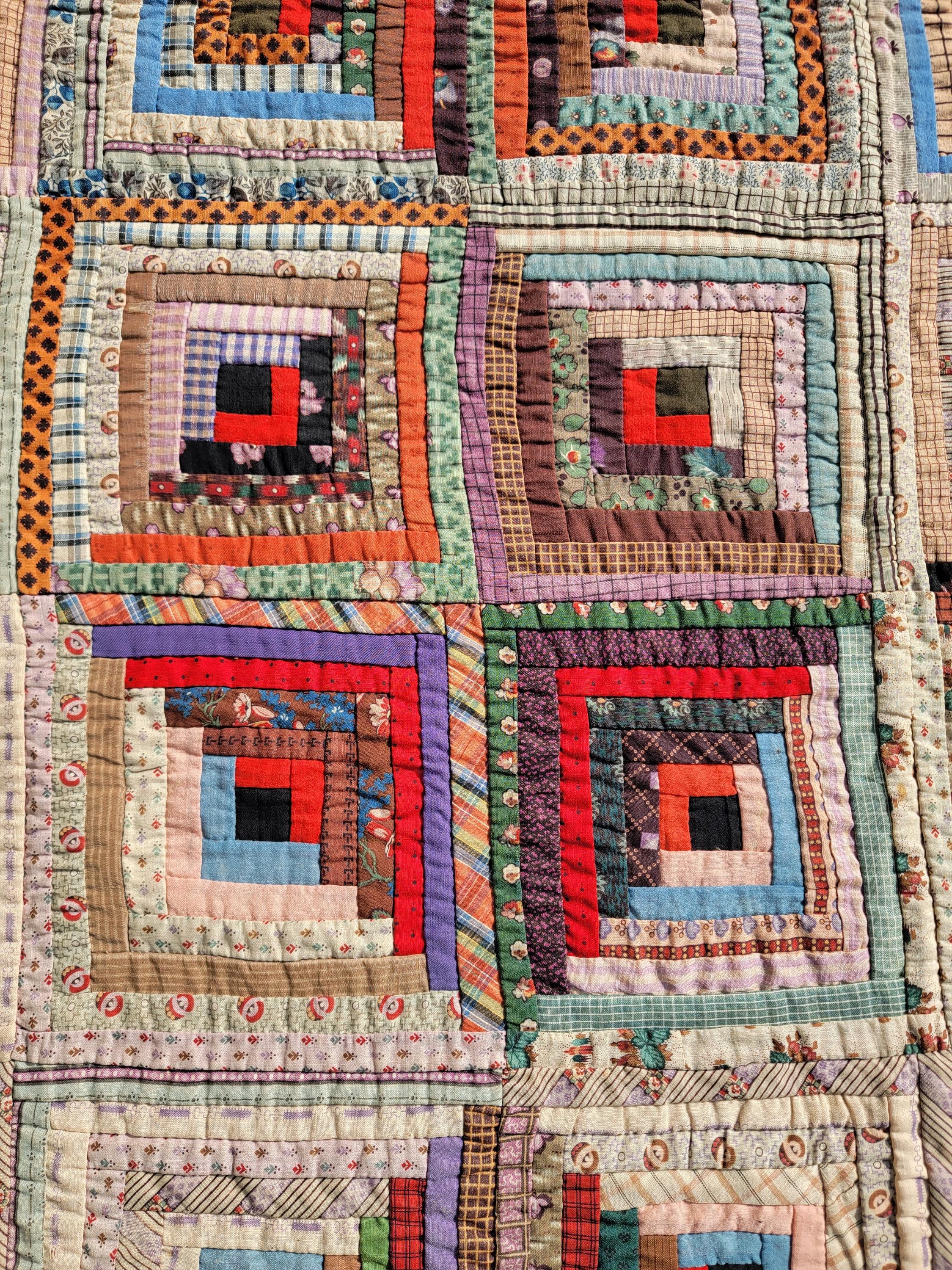 Hand-Crafted 19th C Wool Log Cabin Quilt