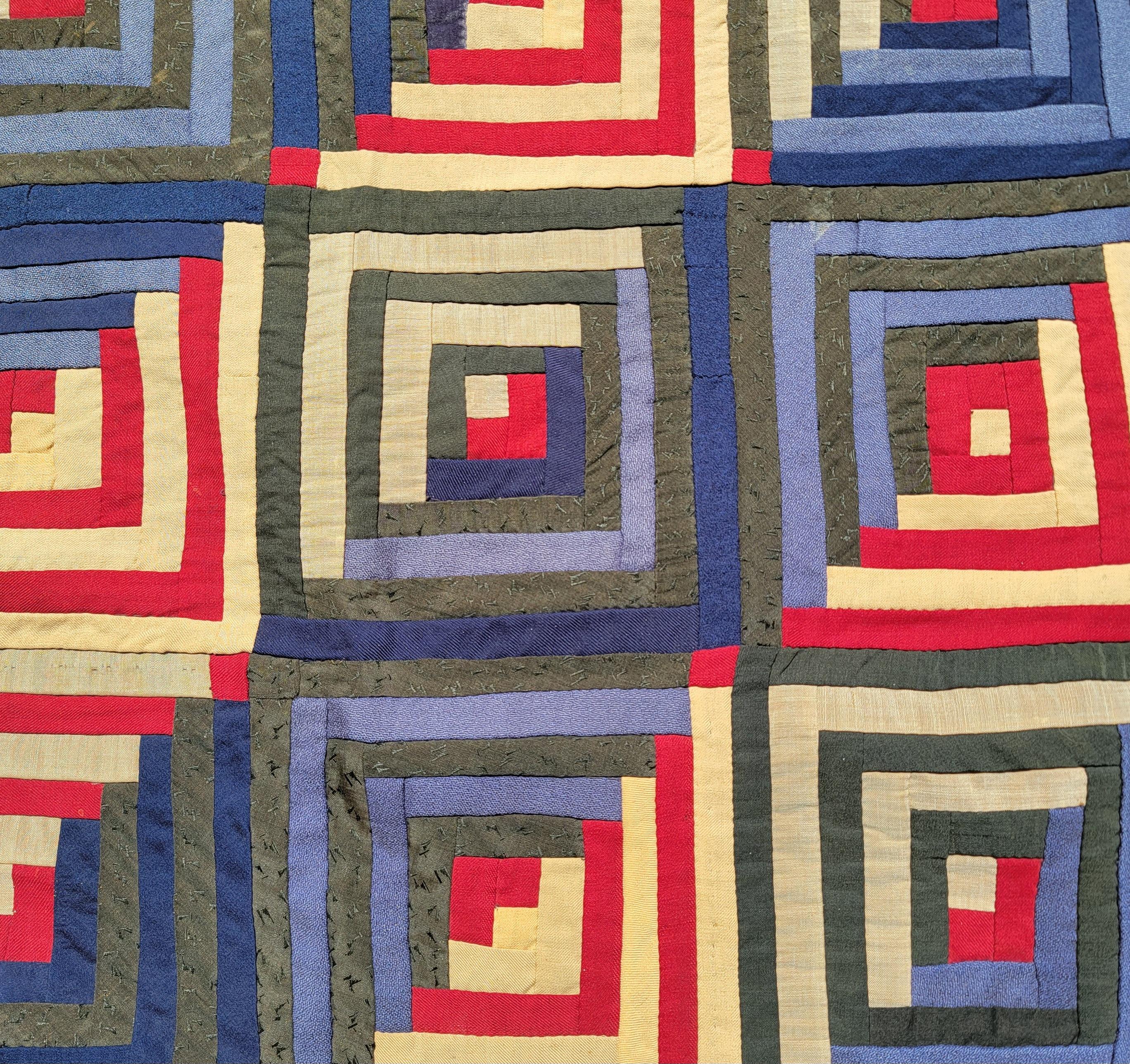 Hand-Crafted 19thc Wool Log Cabin Quilt For Sale