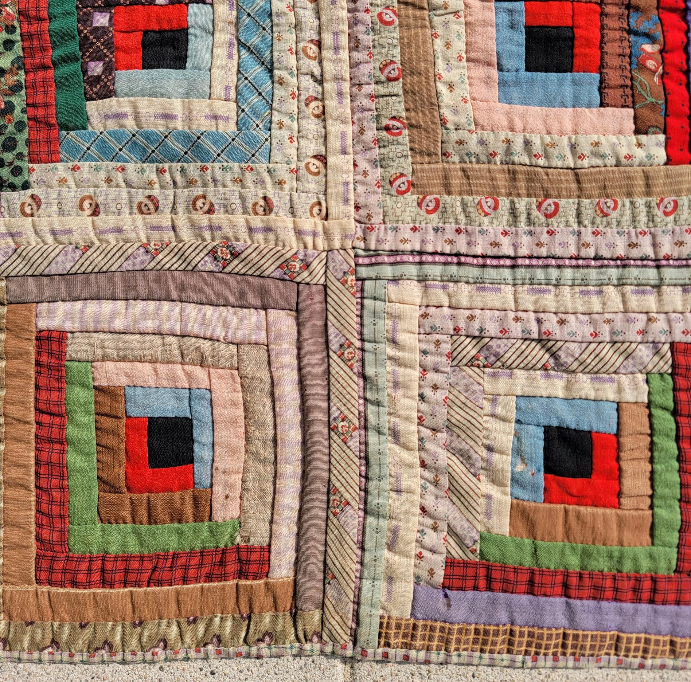 19th C Wool Log Cabin Quilt In Good Condition In Los Angeles, CA