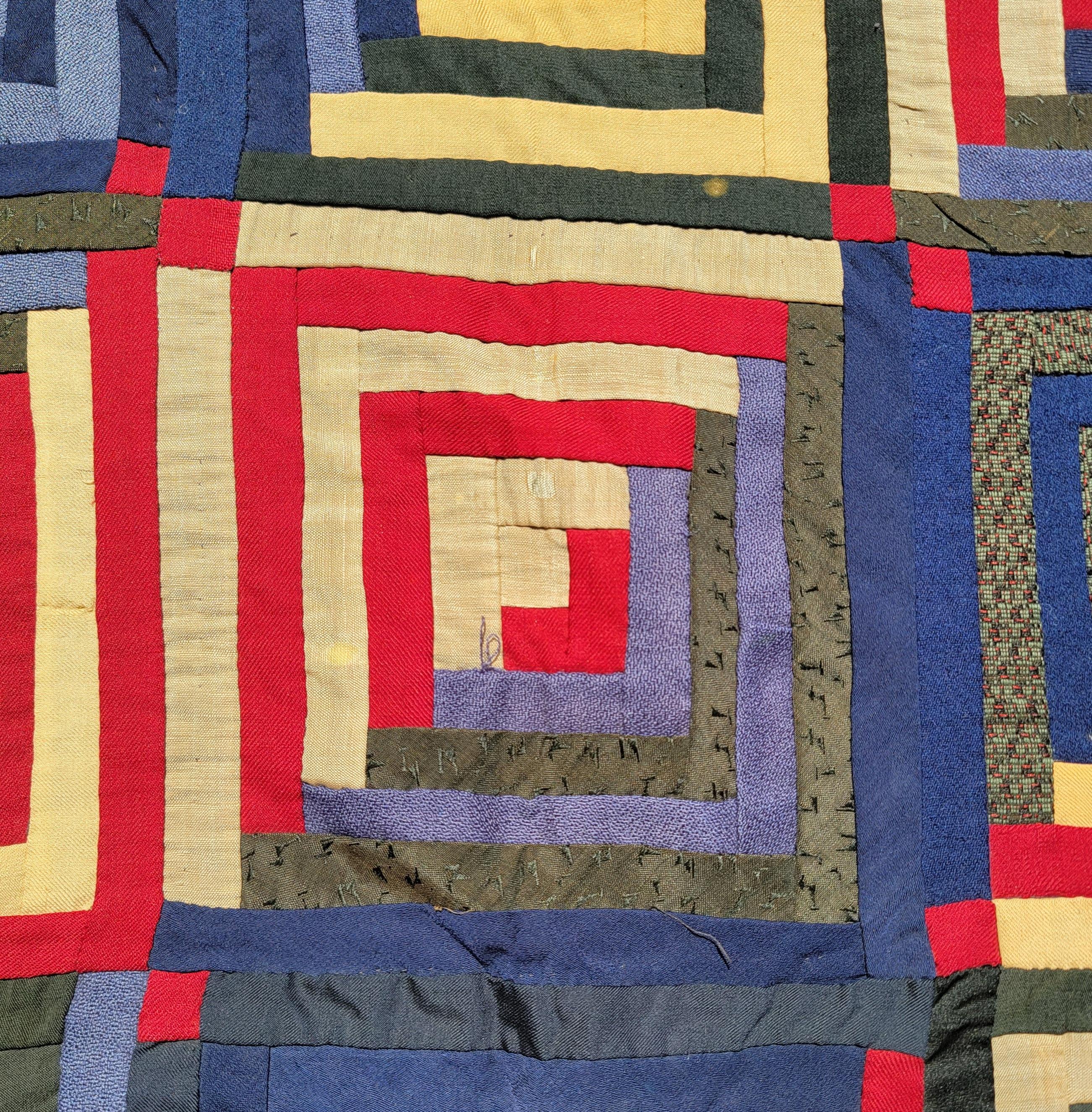 19thc Wool Log Cabin Quilt In Good Condition For Sale In Los Angeles, CA