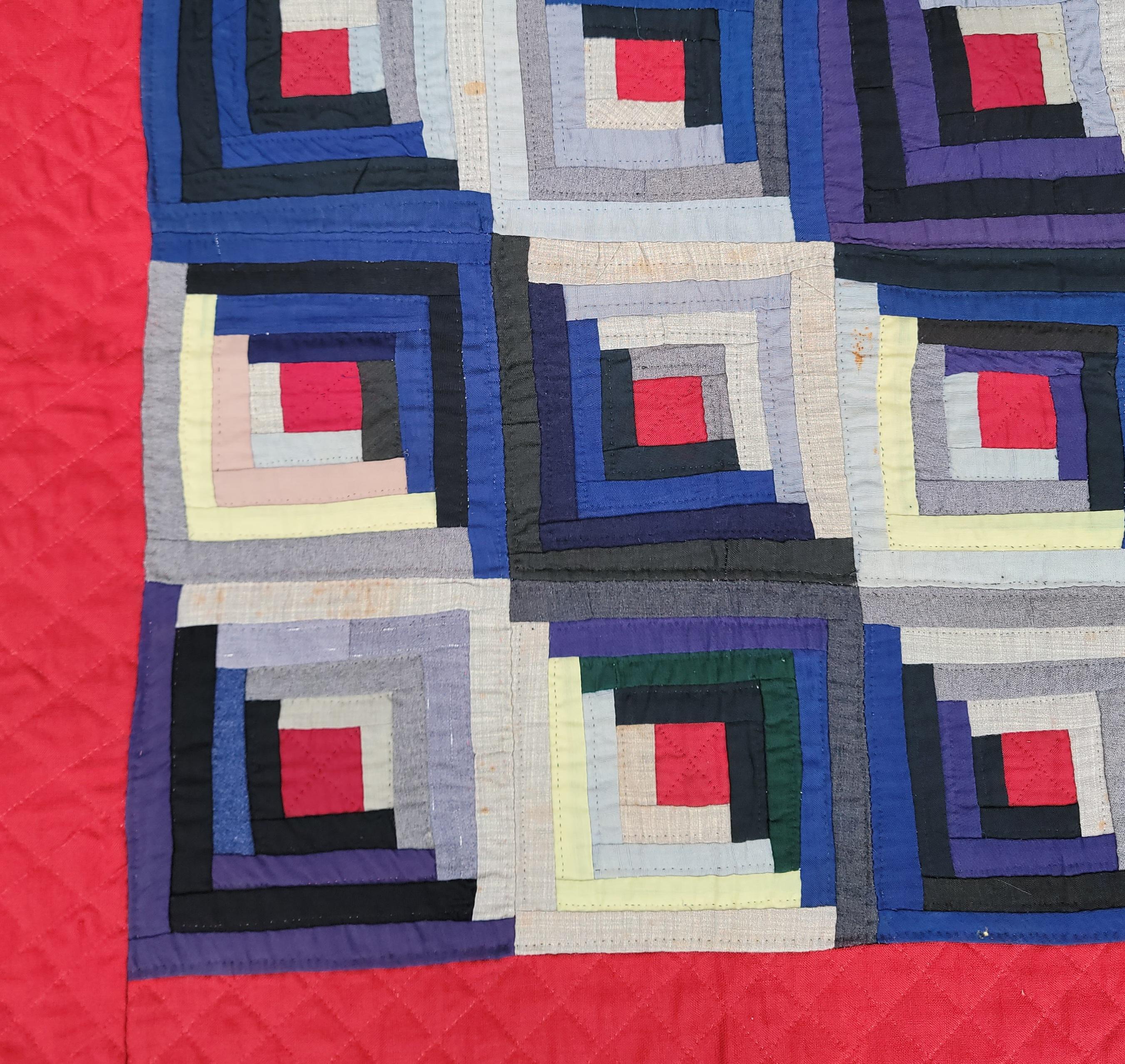 Hand-Crafted 19thc Wool Log Cabin Quilt from Pennsylvania