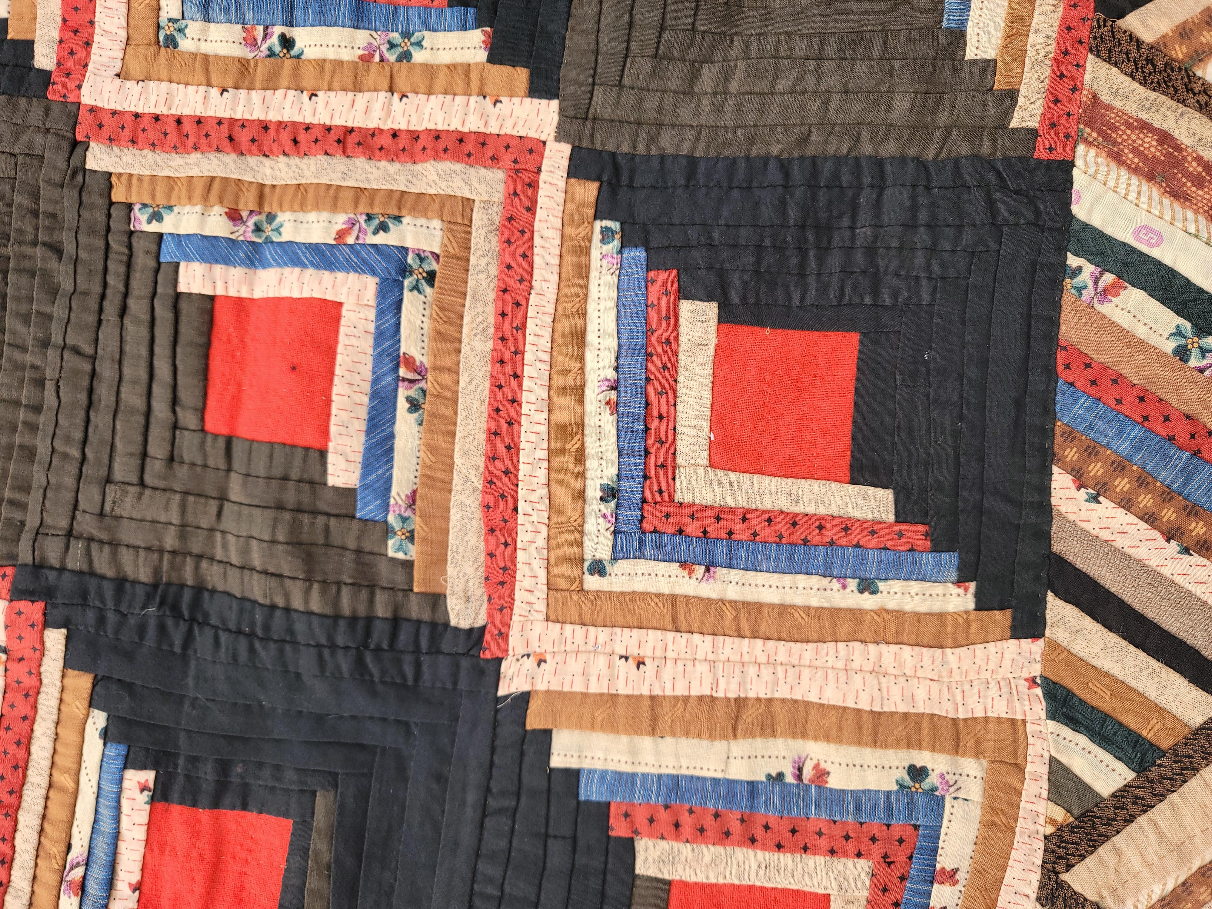 19th Century 19Thc Wool Log Cabin Quilt From Pennsylvania For Sale