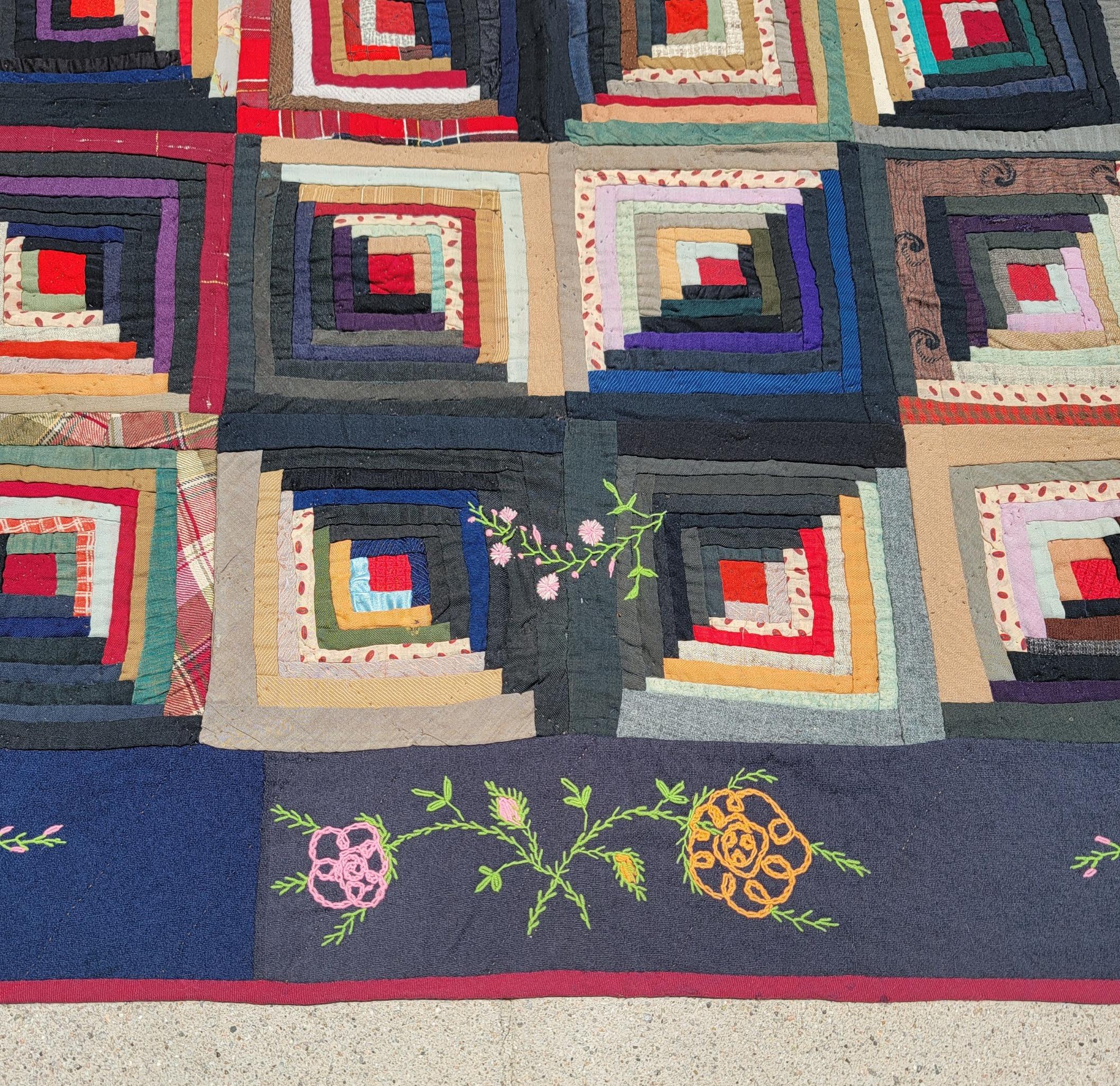 Quilt en laine du 19e siècle, Cabine en bois avec bordures brodées, Lancaster County PA en vente 5