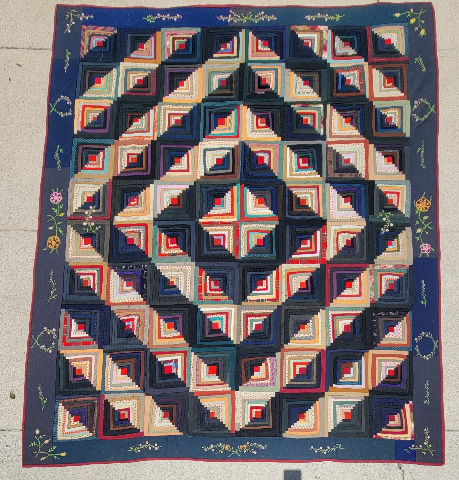 XIXe siècle Quilt en laine du 19e siècle, Cabine en bois avec bordures brodées, Lancaster County PA en vente
