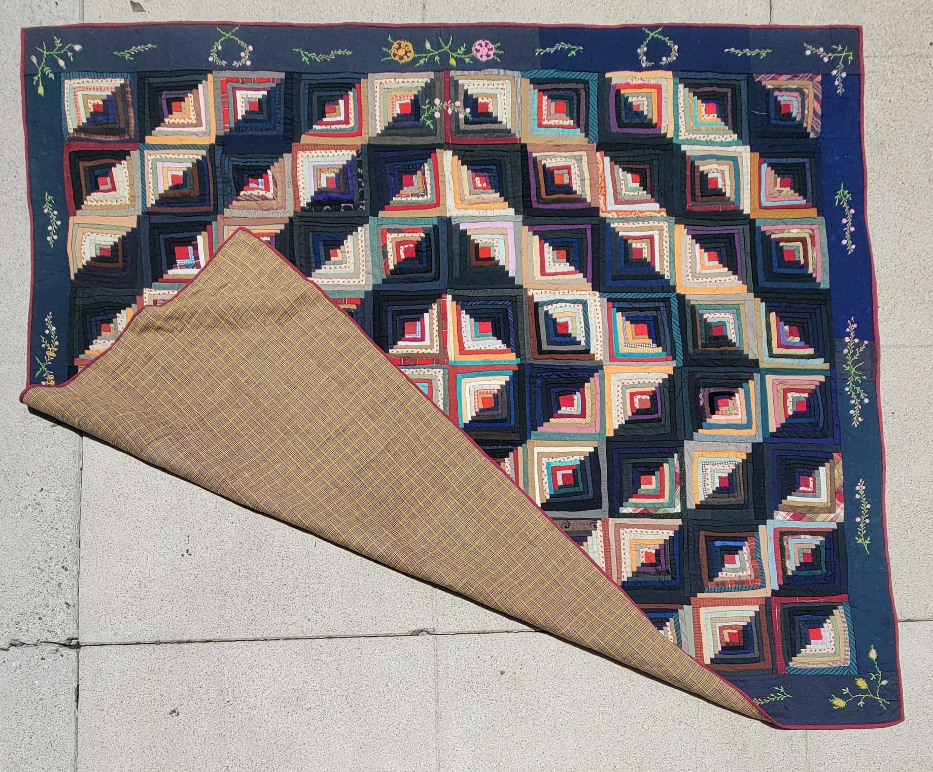 Laine Quilt en laine du 19e siècle, Cabine en bois avec bordures brodées, Lancaster County PA en vente