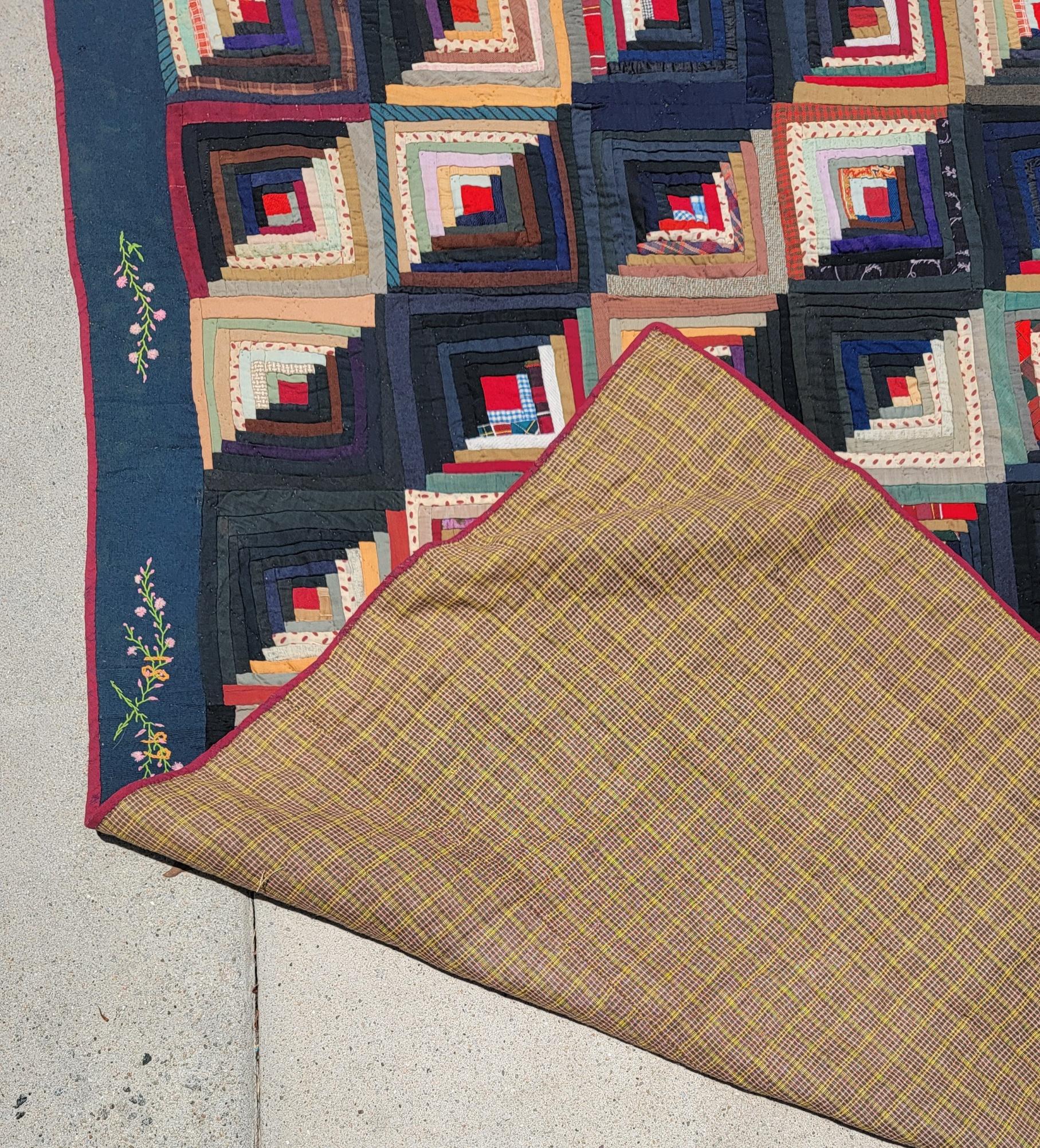 Quilt en laine du 19e siècle, Cabine en bois avec bordures brodées, Lancaster County PA en vente 1