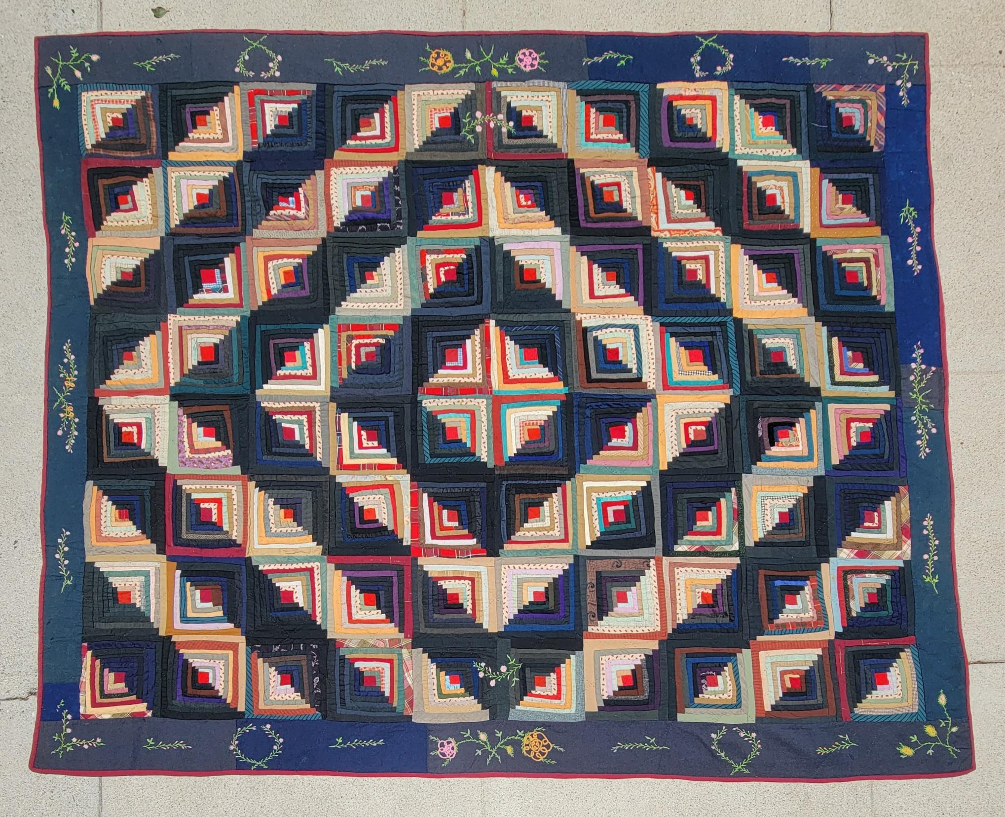 19thc Wool Log Cabin Quilt with Embroidered Borders, Lancaster County PA