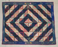 Antique 19thc Wool Log Cabin Quilt with Embroidered Borders, Lancaster County PA