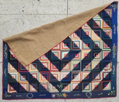 19thc Wool Log Cabin with Floral Embroidered Border