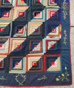 19thc Wool Log Cabin with Floral Embroidered Border