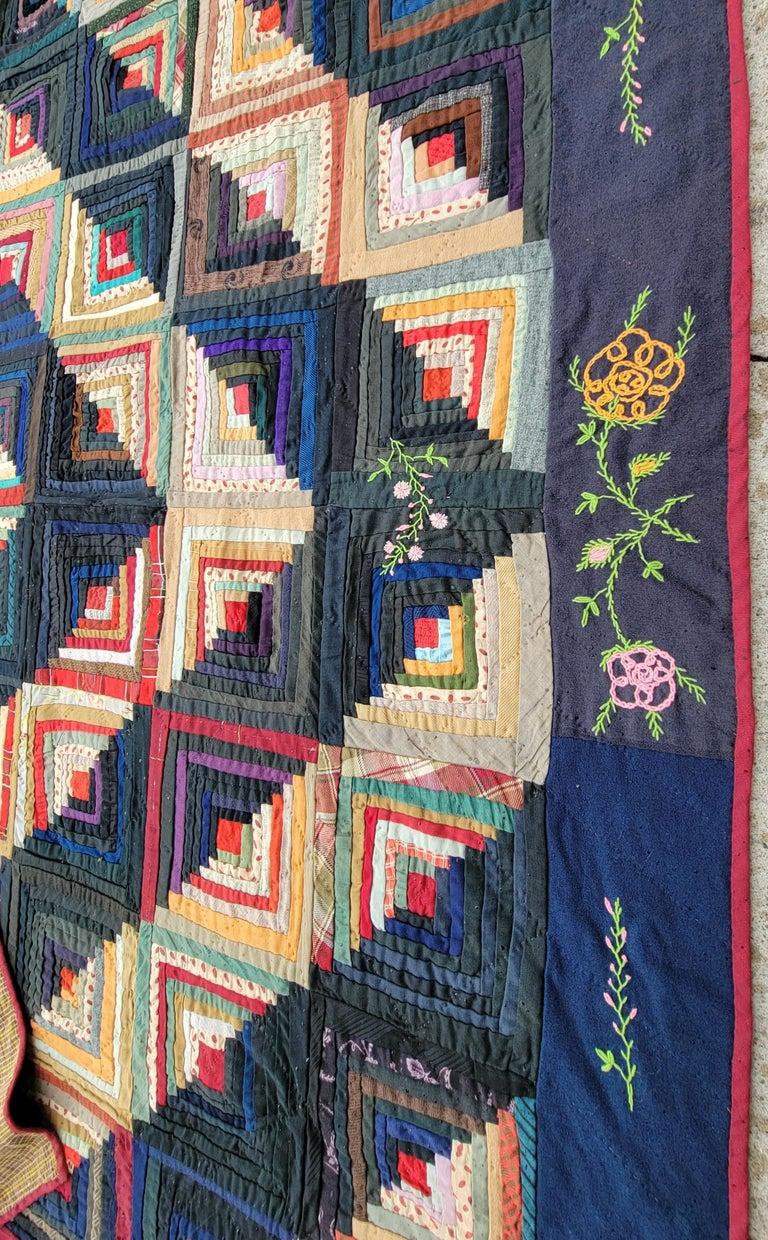 Américain Cabin en laine du 19e siècle avec bordure brodée de fleurs en vente