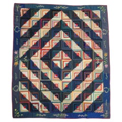 Antique 19thc Wool Log Cabin with Floral Embroidered Border