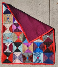 19th C Wool & Silk Mini Pieced Log Cabin Crib Quilt