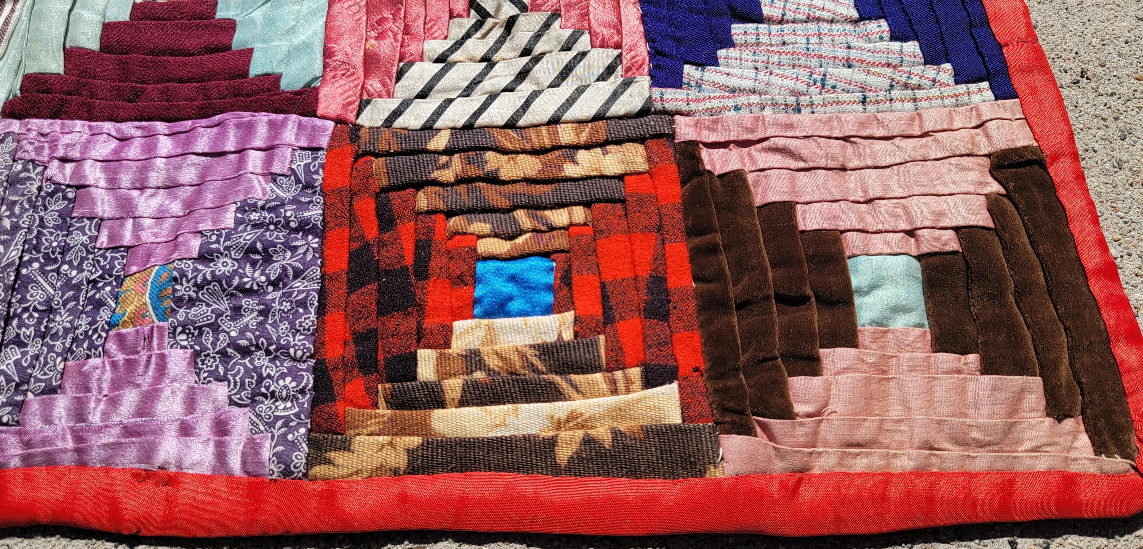 19th C Wool & Silk Mini Pieced Log Cabin Crib Quilt In Good Condition In Los Angeles, CA