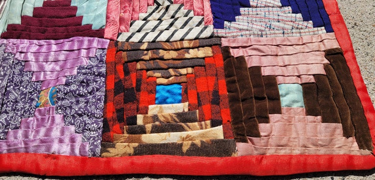 19th C Wool & Silk Mini Pieced Log Cabin Crib Quilt In Good Condition For Sale In Los Angeles, CA