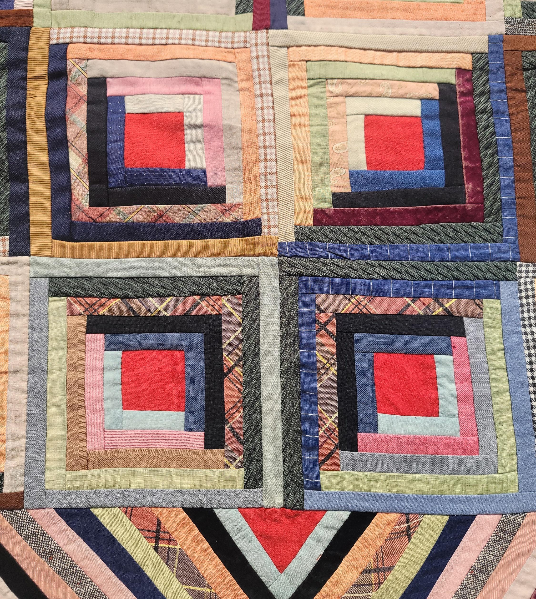 Adirondack 19thc Wool & Velvet Log Cabin Quilt For Sale