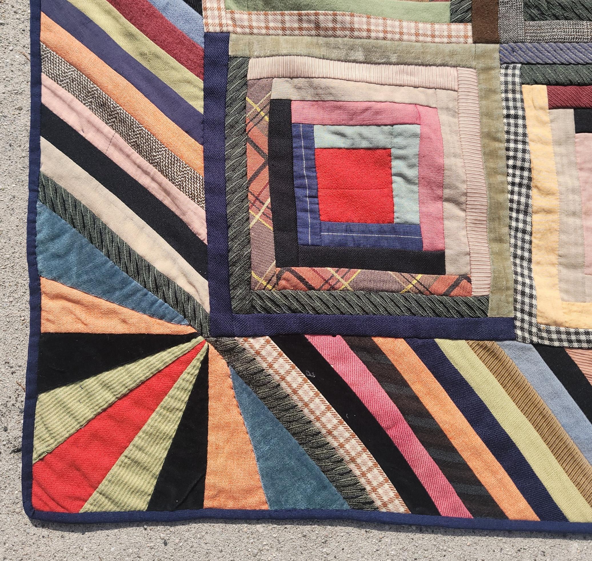 Hand-Crafted 19thc Wool & Velvet Log Cabin Quilt For Sale