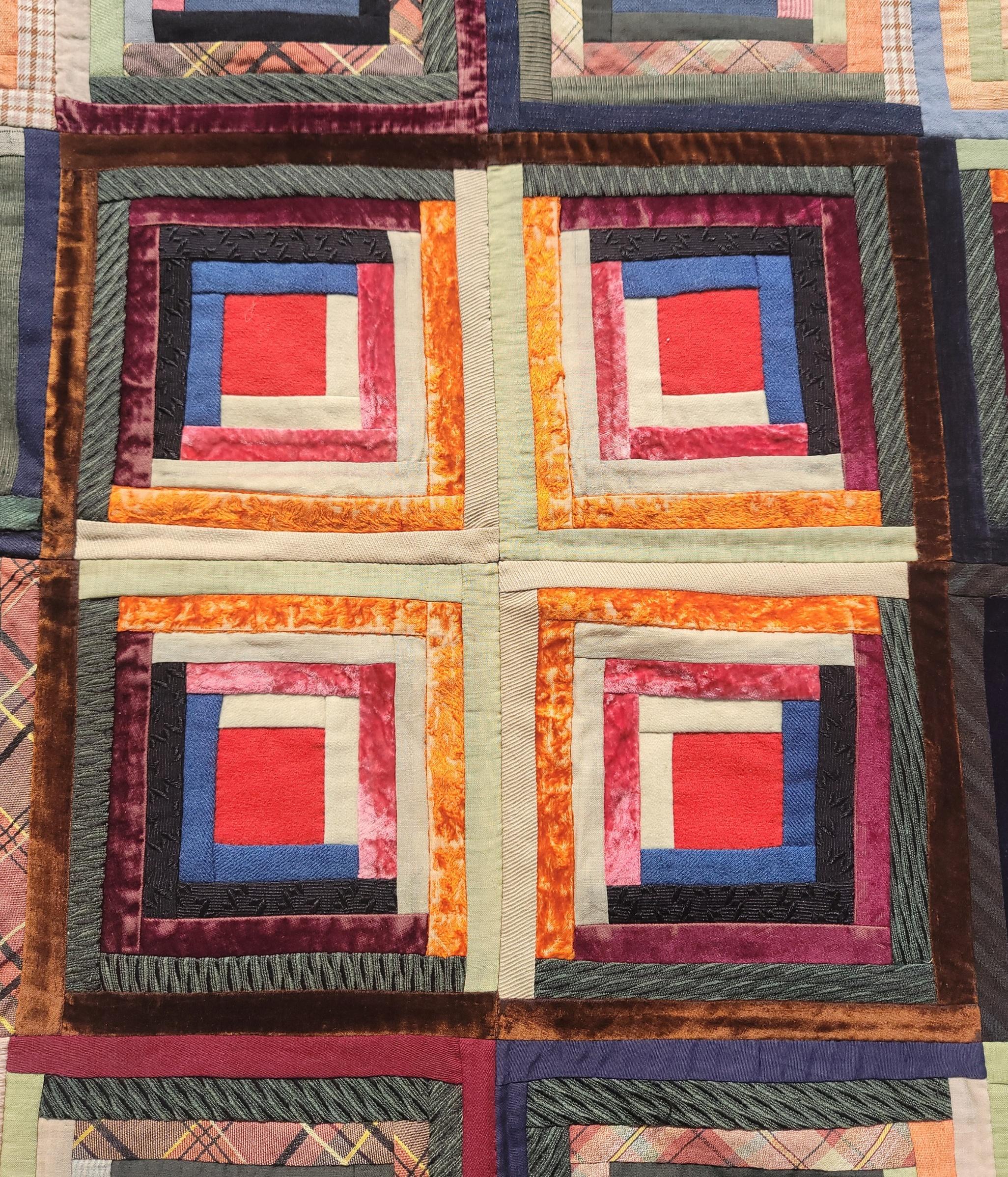 19thc Wool & Velvet Log Cabin Quilt In Good Condition For Sale In Los Angeles, CA