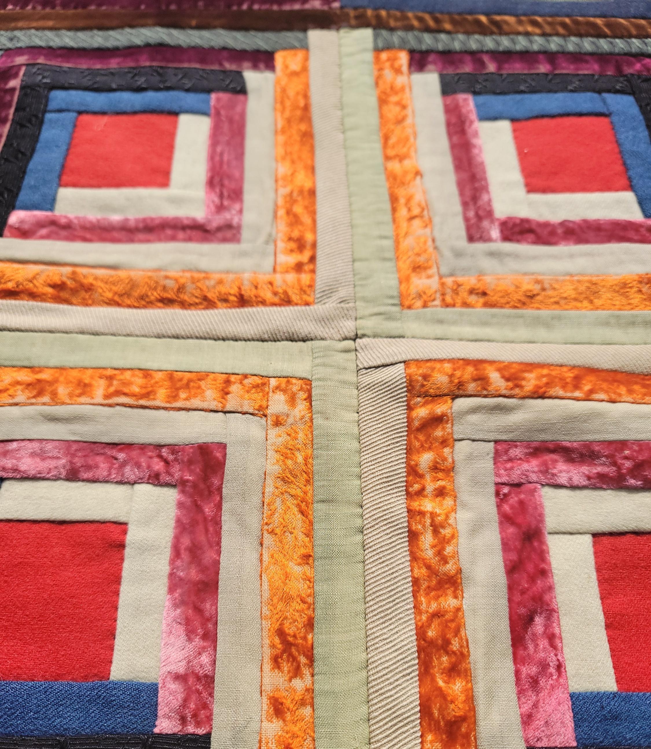 Late 19th Century 19thc Wool & Velvet Log Cabin Quilt For Sale