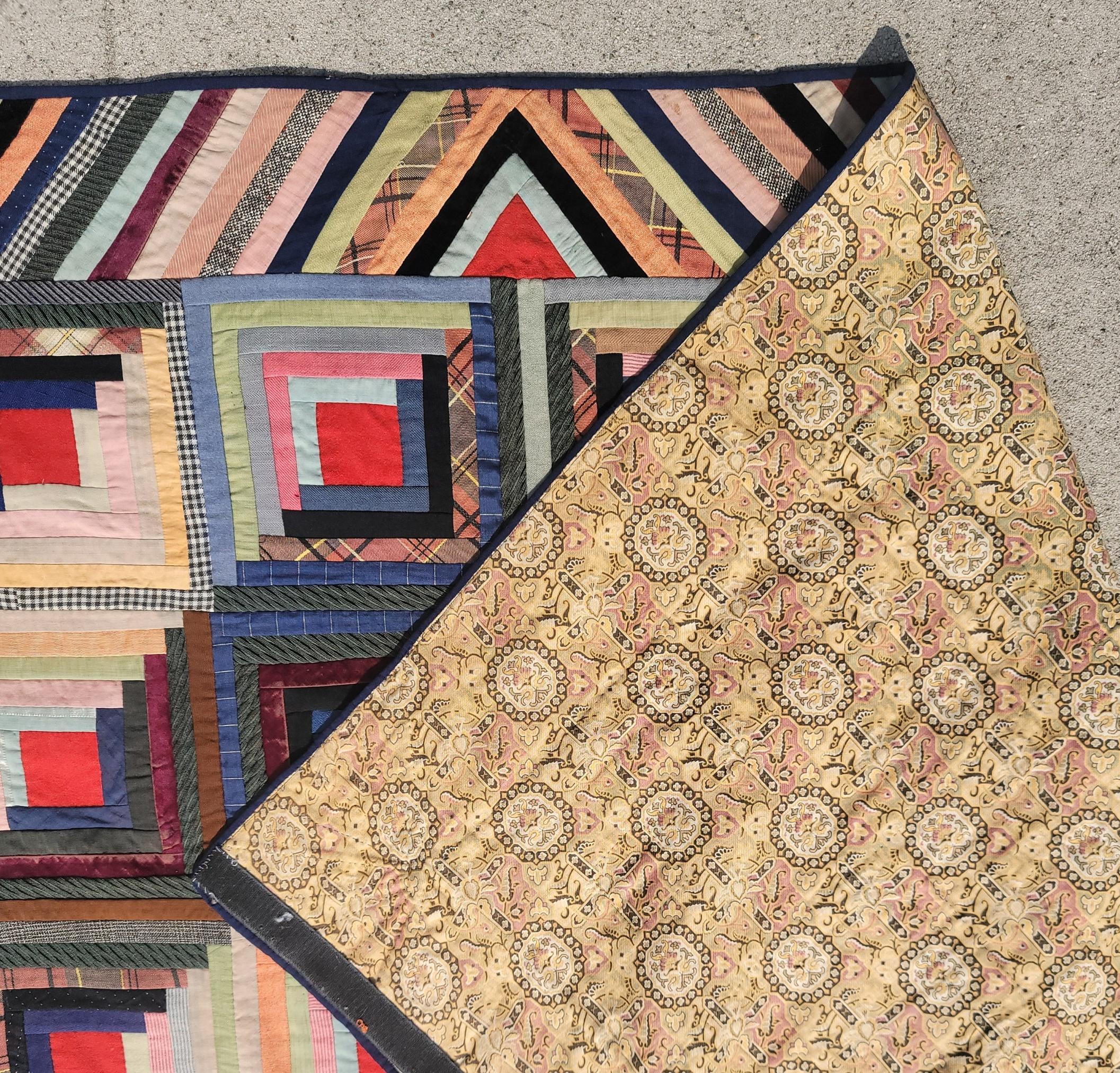 19thc Wool & Velvet Log Cabin Quilt For Sale 2