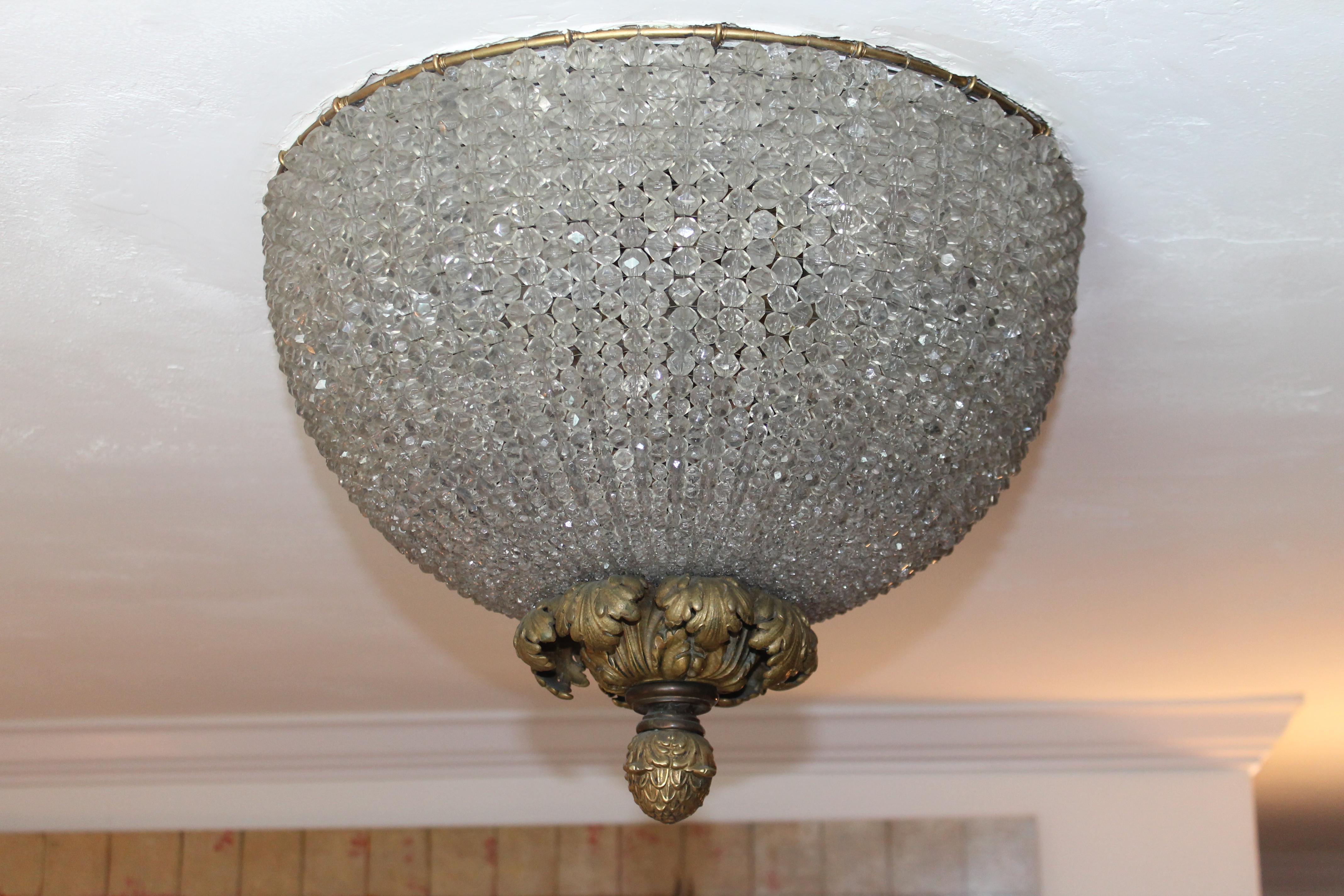 19thc XL French Napoleon III Cut Crystal Beaded Dome Flush Mount Ceiling Fixture For Sale 6
